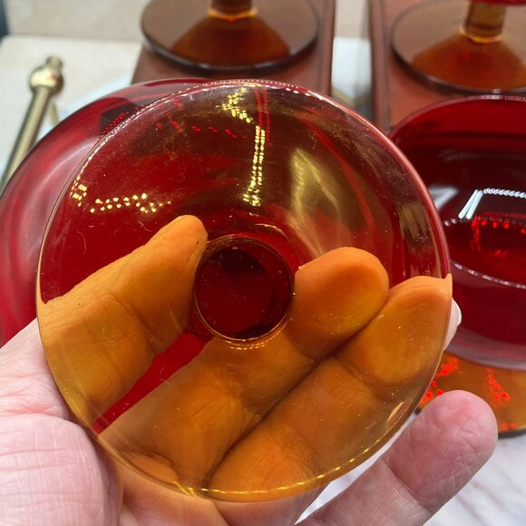 Vintage MCM Block Crystal Ruby And Amber Brandy Glasses With Cadmium Glow 1960's - Picture 13 of 17